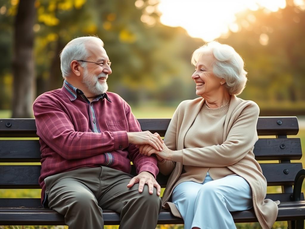 Älteres Paar sitzt auf einer Bank, symbolisiert langanhaltende Liebe und Lebensmotto kurz Sprüche