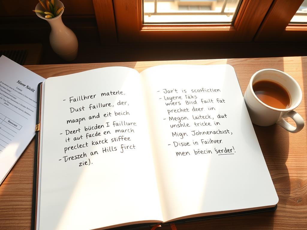 Aufgeschlagenes Notizbuch mit Sprüche über Versagen und Erfolg