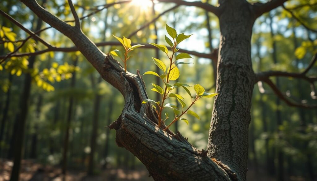 Ein Baum wächst aus einem gebrochenen Ast, symbolisch für Wachstum nach dem Scheitern Ein Baum wächst aus einem gebrochenen Ast, symbolisch für Wachstum nach dem Scheitern