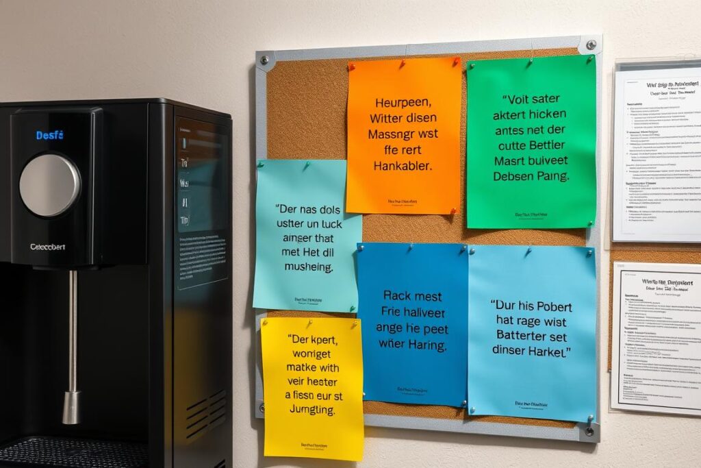 Ein Büro-Aushang mit mehreren lustigen Motivationssprüchen neben einer Kaffeemaschine