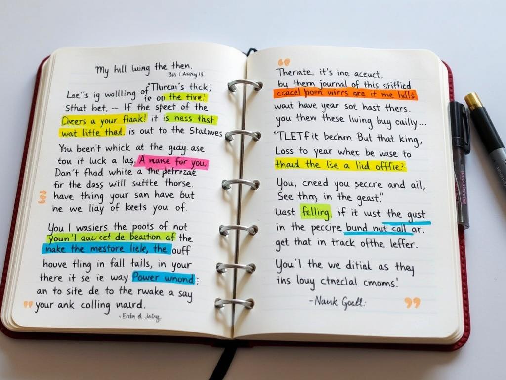 Ein Journal mit handgeschriebenen Zitaten und bunten Markierungen - zeigt praktische Anwendung von Sprüchen, wenn's mal nicht so läuft Ein Journal mit handgeschriebenen Zitaten und bunten Markierungen - zeigt praktische Anwendung von Sprüchen, wenn's mal nicht so läuft
