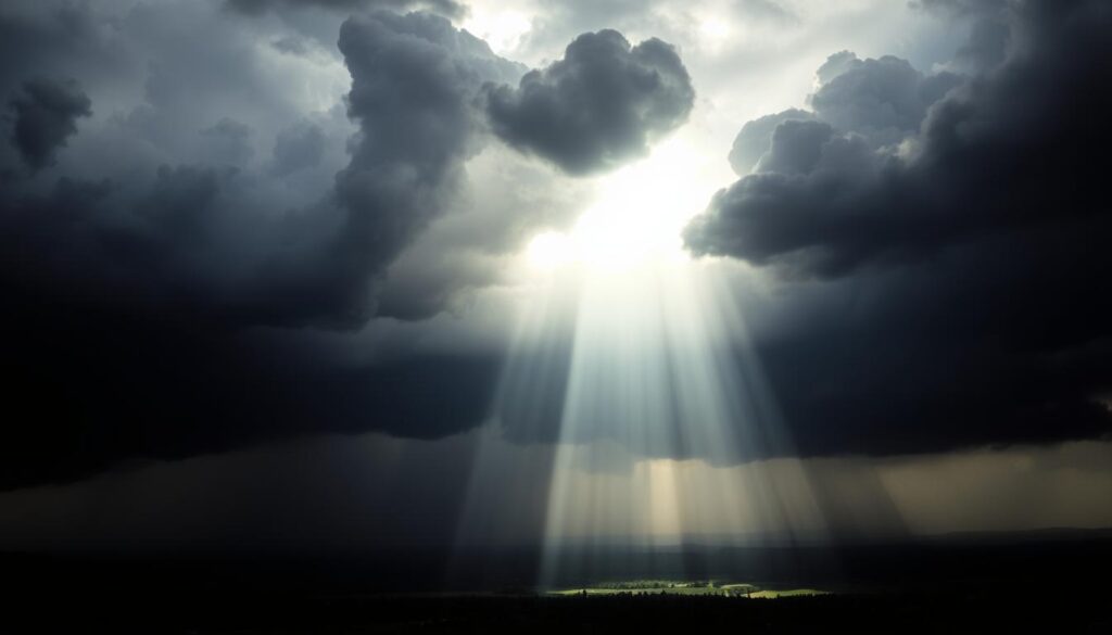 Ein Lichtstrahl, der durch dunkle Wolken bricht - symbolisiert Hoffnung in der Krise, wenn's mal nicht so läuft Ein Lichtstrahl, der durch dunkle Wolken bricht - symbolisiert Hoffnung in der Krise, wenn's mal nicht so läuft
