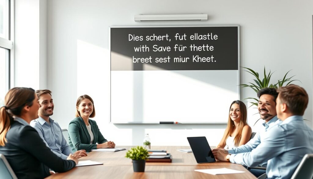 Ein Meeting-Raum mit einem lustigen Motivationsspruch Arbeit lustig an der Tafel und lächelnden Teilnehmern