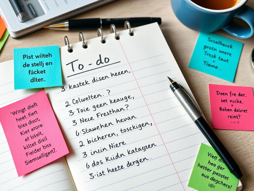 Ein Notizbuch mit To-Do-Liste und lustigen Motivationssprüchen am Rand
