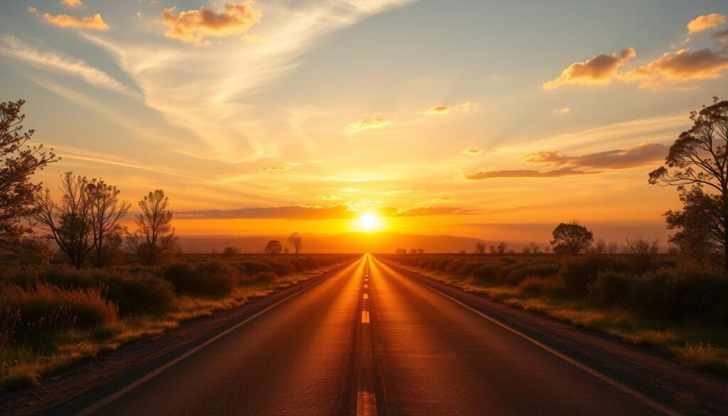 Ein Sonnenaufgang über einem offenen Weg - Symbolbild für einen Neuanfang nach falschen Freundschaften Ein Sonnenaufgang über einem offenen Weg - Symbolbild für einen Neuanfang nach falschen Freundschaften