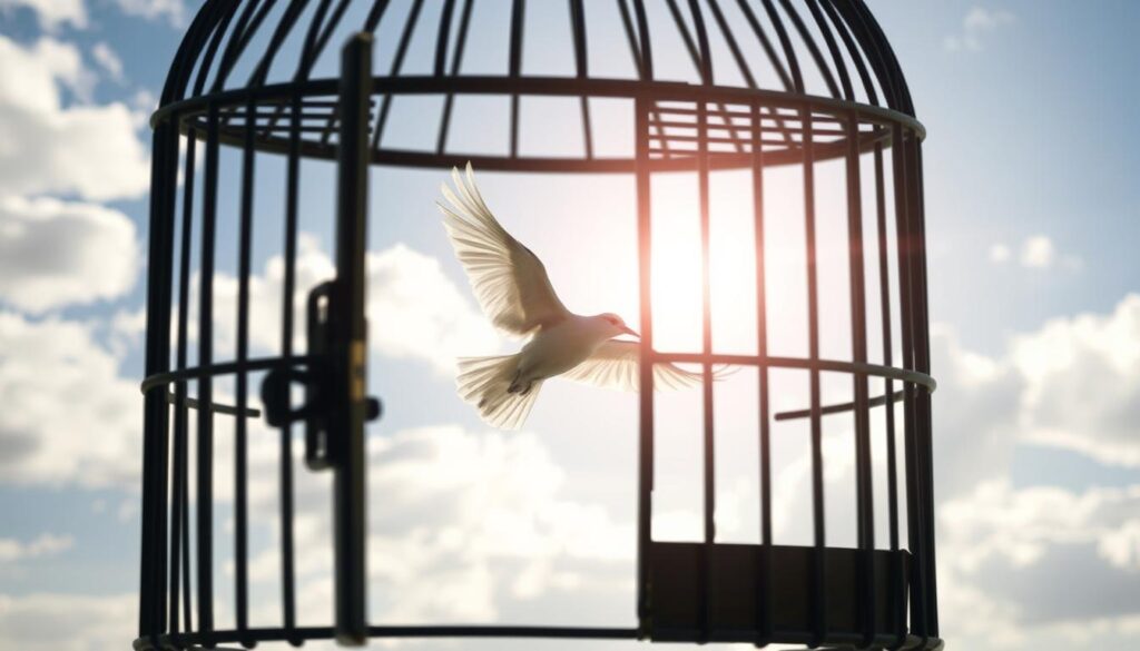 Ein Vogel, der aus einem geöffneten Käfig fliegt - symbolisiert das Loslassen, wenn's mal nicht so läuft Ein Vogel, der aus einem geöffneten Käfig fliegt - symbolisiert das Loslassen, wenn's mal nicht so läuft