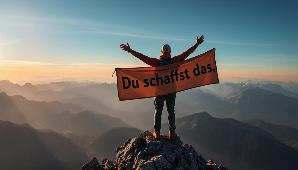 Ein Wanderer auf einem Berggipfel mit einem Du schaffst das Sprüche Banner Ein Wanderer auf einem Berggipfel mit einem Du schaffst das Sprüche Banner