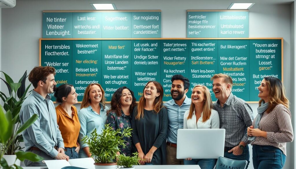 Ein fröhliches Büro-Team lacht gemeinsam über lustige Motivationssprüche Arbeit lustig an einer Pinnwand