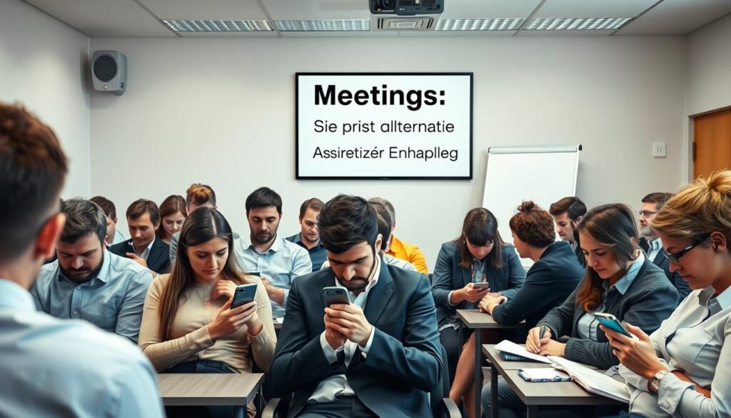 Ein überfüllter Meetingraum mit gelangweilten Mitarbeitern und einem lustigen Motivationsspruch Arbeit lustig an der Wand
