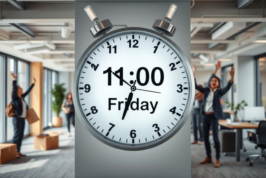 Eine Büro-Uhr, die Freitag 13 Uhr zeigt, mit feiernden Kollegen im Hintergrund