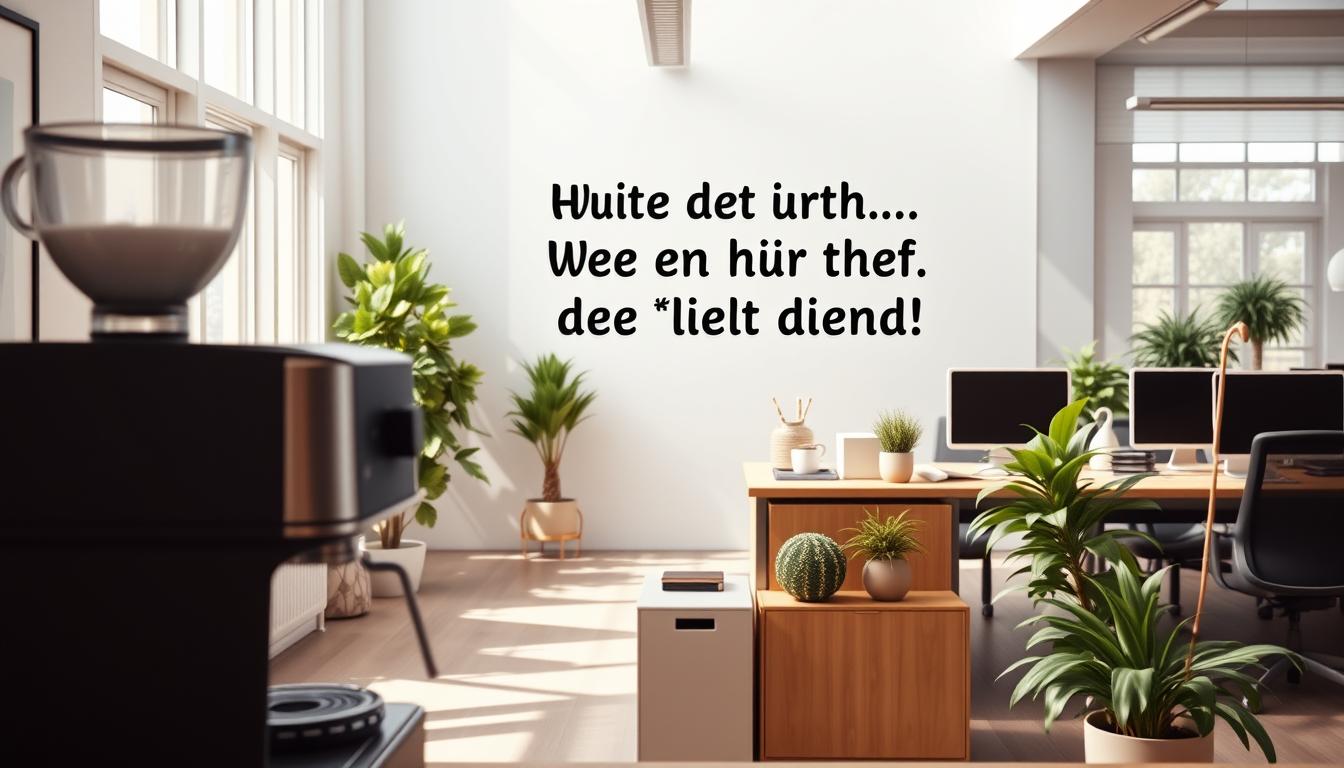 Eine Büroumgebung mit einer Kaffeemaschine und einem lustigen Motivationsspruch an der Wand