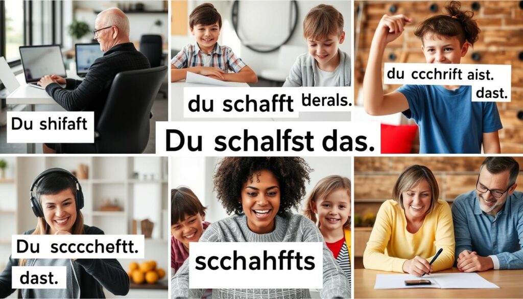 Eine Collage von Menschen verschiedener Altersgruppen, die Du schaffst das Sprüche in verschiedenen Situationen verwenden Eine Collage von Menschen verschiedener Altersgruppen, die Du schaffst das Sprüche in verschiedenen Situationen verwenden