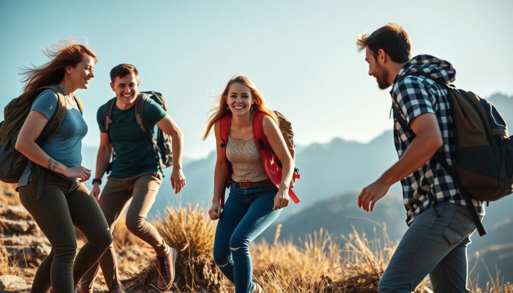 Eine Gruppe von Freunden, die sich gegenseitig beim Bergsteigen helfen - Symbolbild für gegenseitige Unterstützung in gesunden Beziehungen Eine Gruppe von Freunden, die sich gegenseitig beim Bergsteigen helfen - Symbolbild für gegenseitige Unterstützung in gesunden Beziehungen