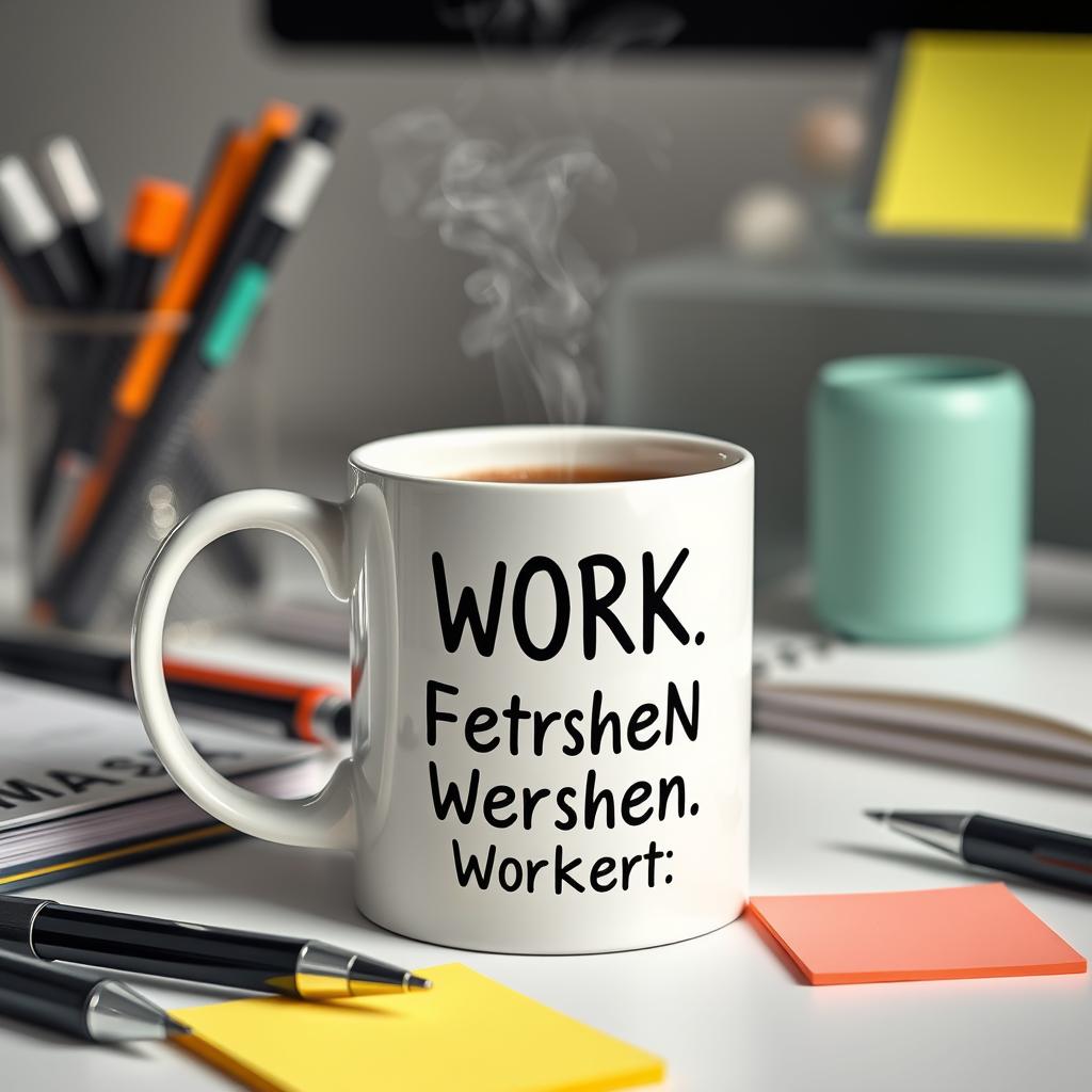 Eine Kaffeetasse mit einem lustigen Arbeitsspruch, umgeben von Büromaterial