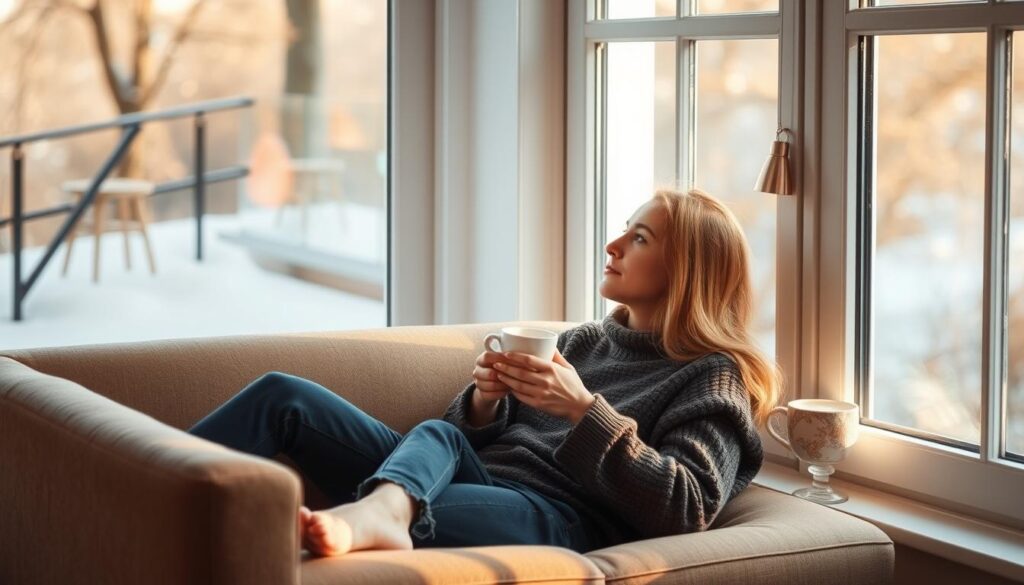 Eine Person, die achtsam einen Tee trinkt und aus dem Fenster schaut - symbolisiert Selbstfürsorge, wenn's mal nicht so läuft Eine Person, die achtsam einen Tee trinkt und aus dem Fenster schaut - symbolisiert Selbstfürsorge, wenn's mal nicht so läuft