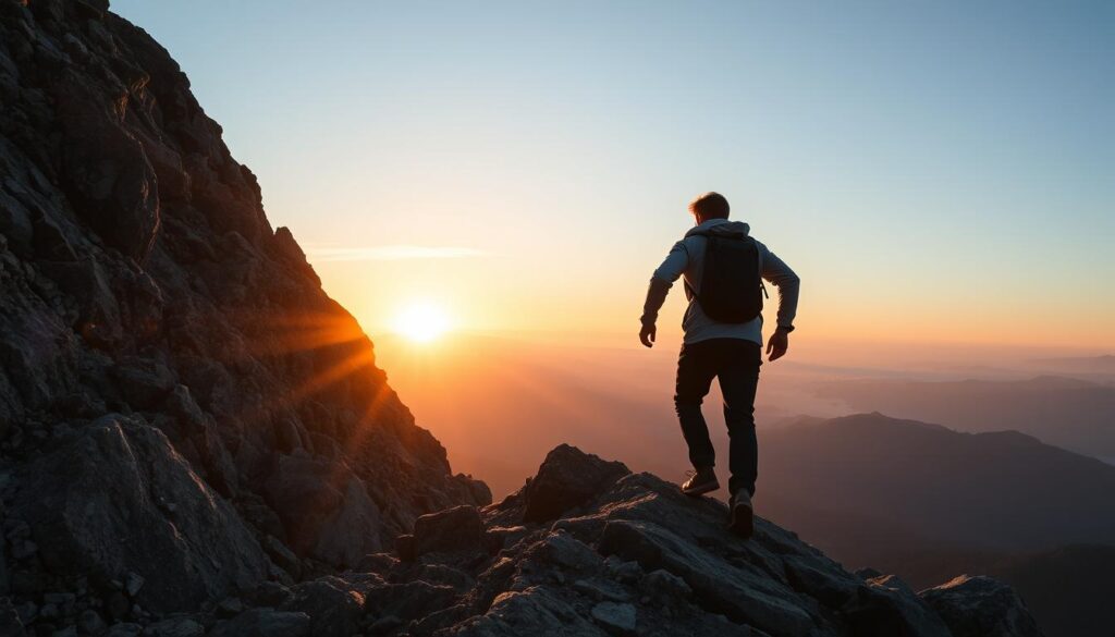 Eine Person, die einen Berg erklimmt - symbolisiert Motivation und Überwindung, wenn's mal nicht so läuft Eine Person, die einen Berg erklimmt - symbolisiert Motivation und Überwindung, wenn's mal nicht so läuft