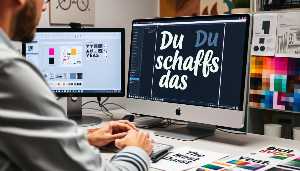 Eine Person gestaltet ein Du schaffst das Poster am Computer Eine Person gestaltet ein Du schaffst das Poster am Computer