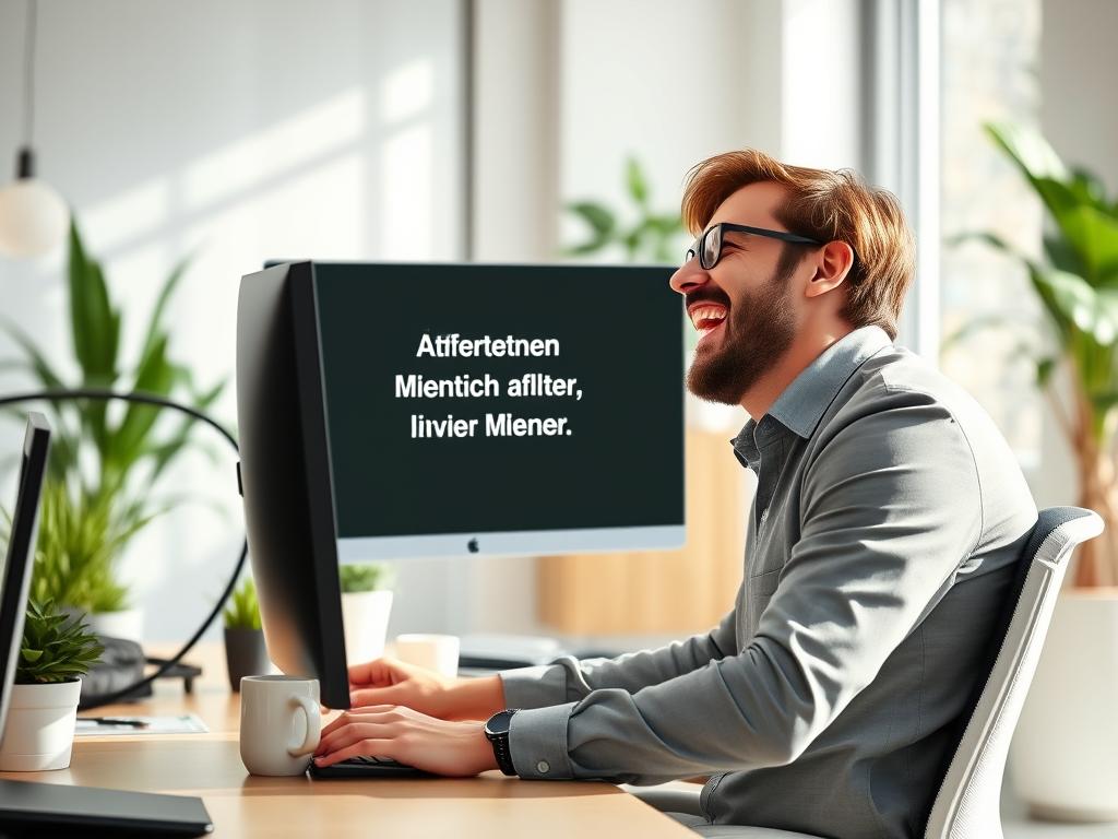 Motivationssprüche Arbeit lustig - Eine Person lacht herzlich über einen lustigen Motivationsspruch Arbeit lustig auf ihrem Computerbildschirm
