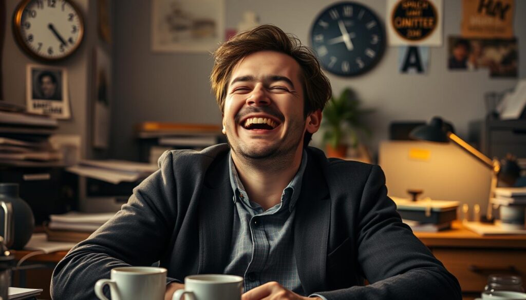 Eine Person lacht trotz offensichtlicher Erschöpfung - Visualisierung der psychologischen Bewältigungsstrategie hinter 'Ich kann nicht mehr'