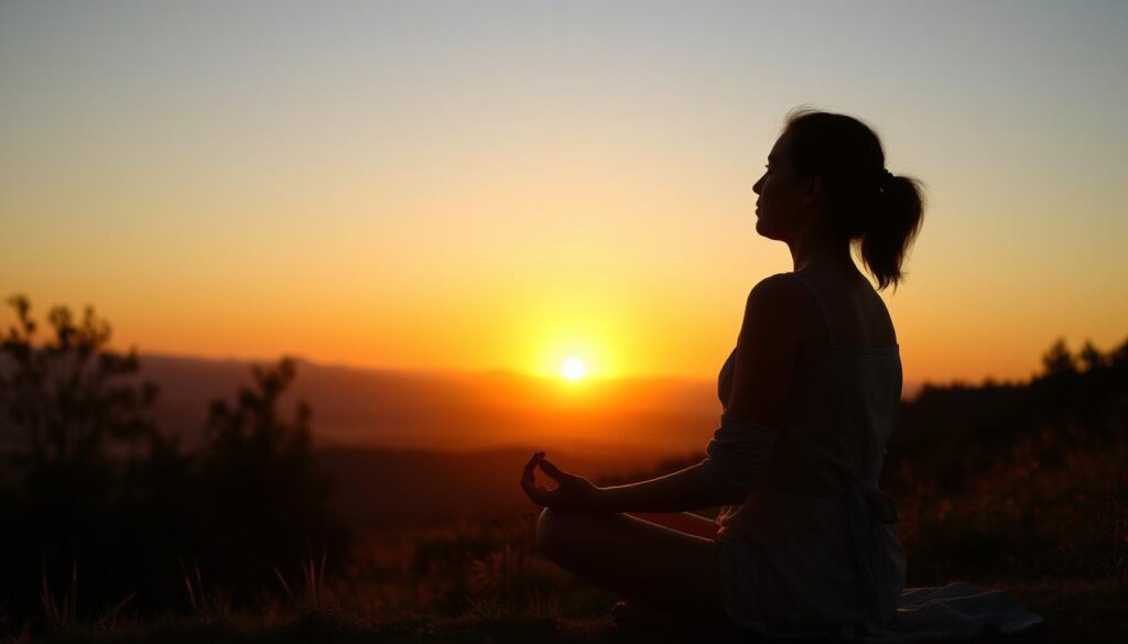 Eine Person meditiert im Sonnenuntergang - Symbolbild für Selbstfürsorge und inneren Frieden Eine Person meditiert im Sonnenuntergang - Symbolbild für Selbstfürsorge und inneren Frieden