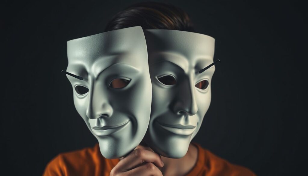 Eine Person mit zwei Gesichtern, die eine Maske hält - Symbolbild für falsche Menschen und ihre wahren Absichten Eine Person mit zwei Gesichtern, die eine Maske hält - Symbolbild für falsche Menschen und ihre wahren Absichten