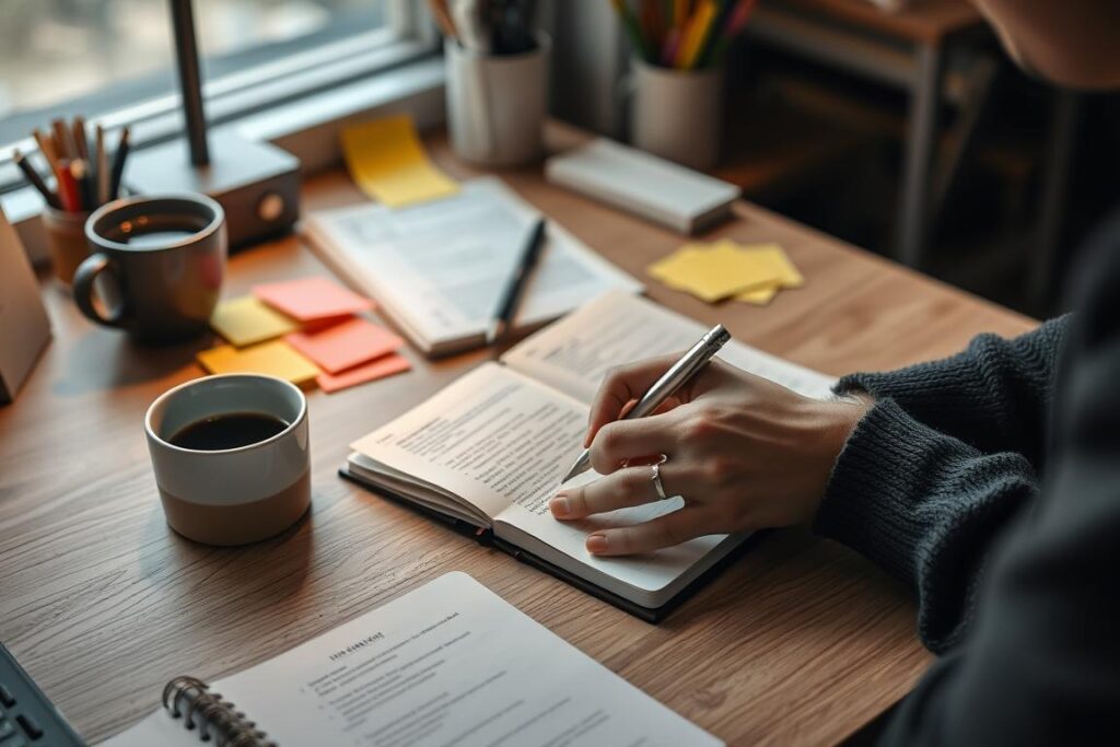 Eine Person schreibt in ein Tagebuch, umgeben von Notizen und Plänen, symbolisch für die praktische Anwendung von Weisheiten über das Scheitern Eine Person schreibt in ein Tagebuch, umgeben von Notizen und Plänen, symbolisch für die praktische Anwendung von Weisheiten über das Scheitern