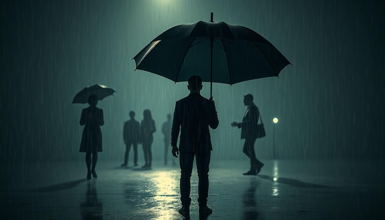 Eine Person steht allein im Regen, während andere unter einem Schirm Schutz suchen - Symbolbild für falsche Menschen