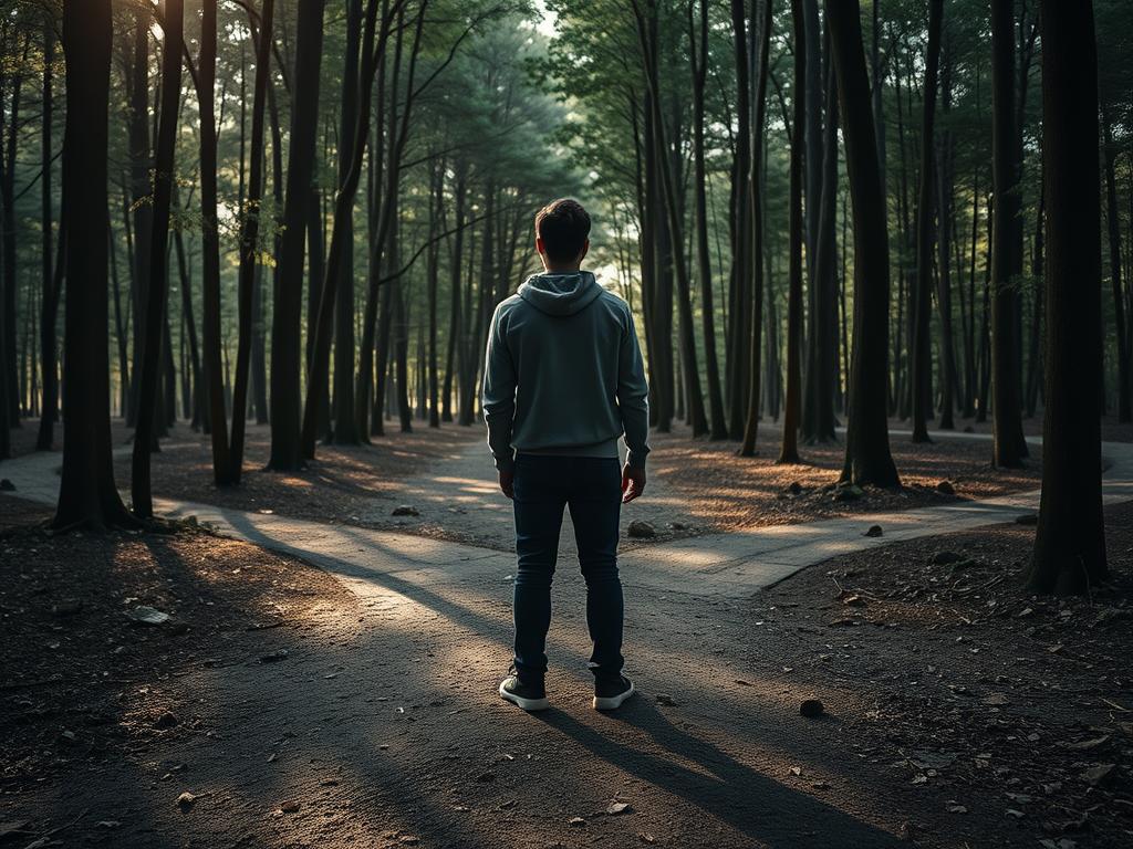 Eine Person steht an einer Weggabelung und muss sich entscheiden - Symbolbild für wichtige Entscheidungen bei falschen Freundschaften Eine Person steht an einer Weggabelung und muss sich entscheiden - Symbolbild für wichtige Entscheidungen bei falschen Freundschaften