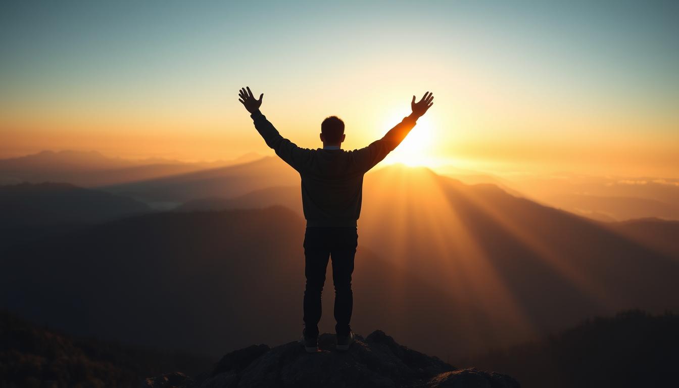 Eine Person steht auf einem Berg und blickt auf den Sonnenaufgang - symbolisch für Überwindung von Scheitern