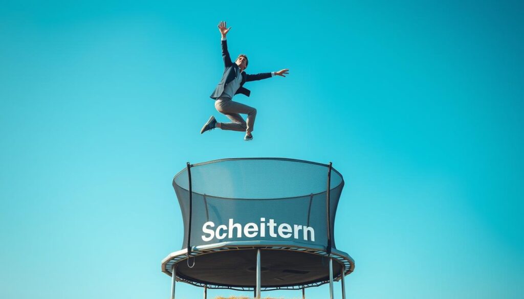 Eine Trampolin-Metapher: Eine Person springt von einem 'Scheitern'-Trampolin hoch hinauf Eine Trampolin-Metapher: Eine Person springt von einem 'Scheitern'-Trampolin hoch hinauf