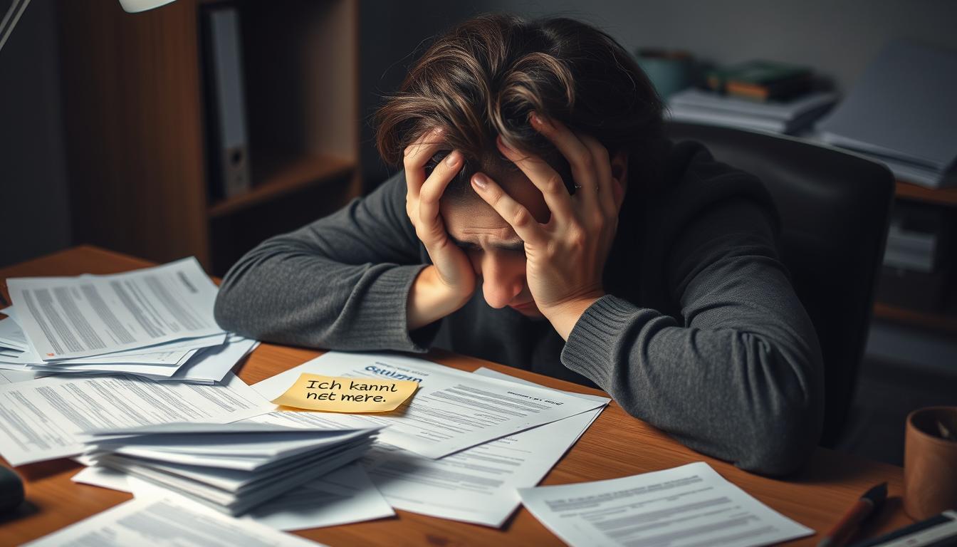 Eine erschöpfte Person sitzt an einem Schreibtisch mit dem Kopf in den Händen - Visualisierung des Spruchs 'Ich kann nicht mehr'