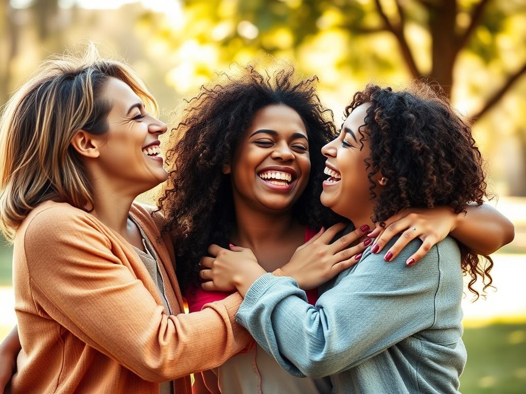Freunde, die gemeinsam lachen und sich umarmen - Symbolbild für echte Freundschaft Freunde, die gemeinsam lachen und sich umarmen - Symbolbild für echte Freundschaft