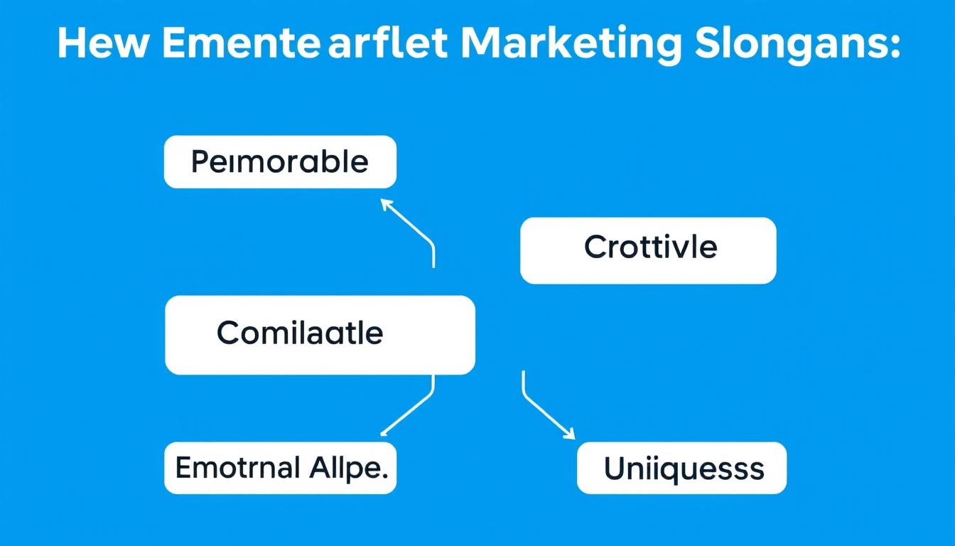 Grafische Darstellung der Elemente eines guten Marketing Spruchs mit Text und visuellen Elementen