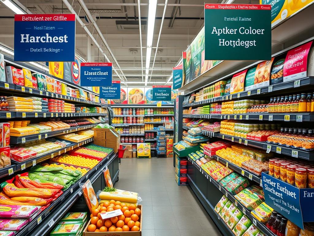 Kreative Lebensmittel-Marketing Sprüche auf Werbetafeln in einem Supermarkt Kreative Lebensmittel-Marketing Sprüche auf Werbetafeln in einem Supermarkt