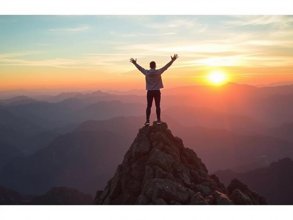 Lebensmotto kurz Sprüche Lebensweisheiten - Person auf Bergspitze als Symbol für Erfolg und das Lebensmotto 'Der Weg ist das Ziel'