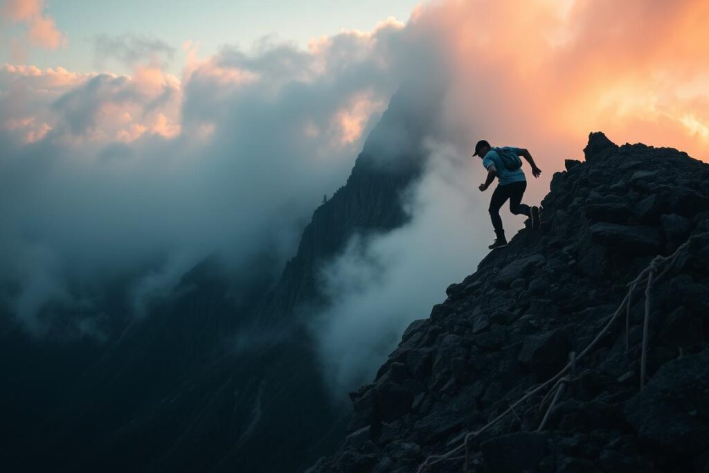 Person, die einen steilen Berg erklimmt als Symbol für Mut zum Scheitern Person, die einen steilen Berg erklimmt als Symbol für Mut zum Scheitern