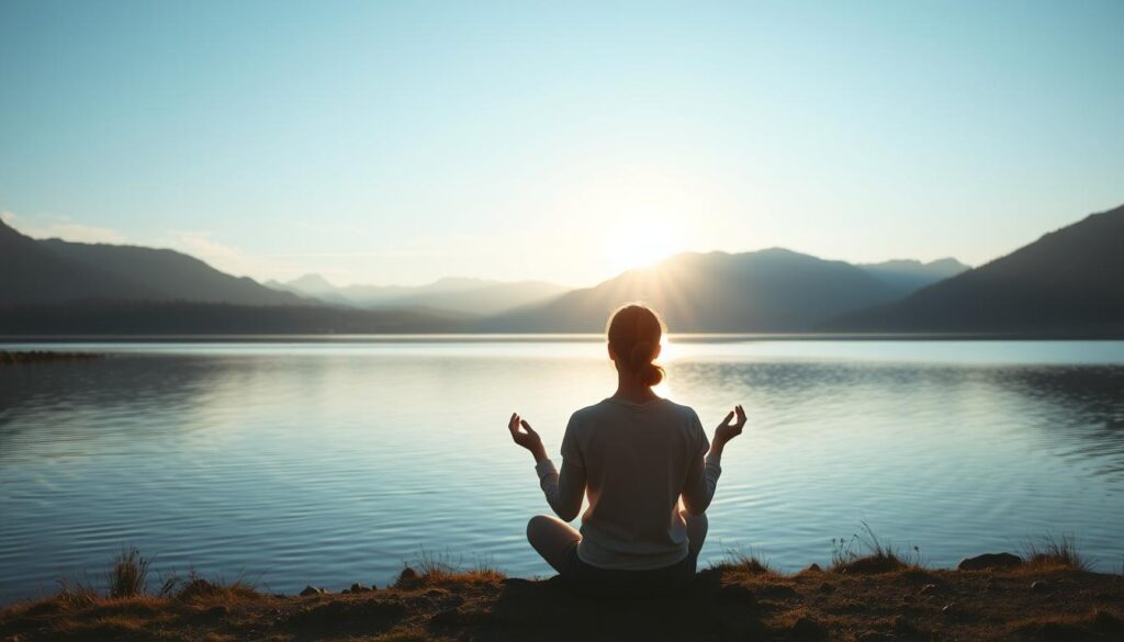 Person meditiert am See, symbolisiert Gelassenheit und Lebensmotto kurz Sprüche Lebensweisheiten