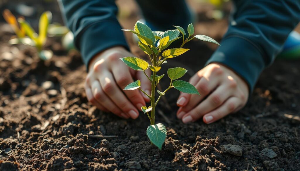 Person pflanzt einen Baum, symbolisiert persönliches Wachstum und Lebensmotto kurz Sprüche