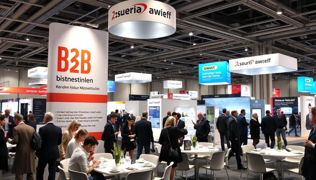 Professionelle B2B Marketing Sprüche auf Werbematerialien bei einer Geschäftsmesse Professionelle B2B Marketing Sprüche auf Werbematerialien bei einer Geschäftsmesse