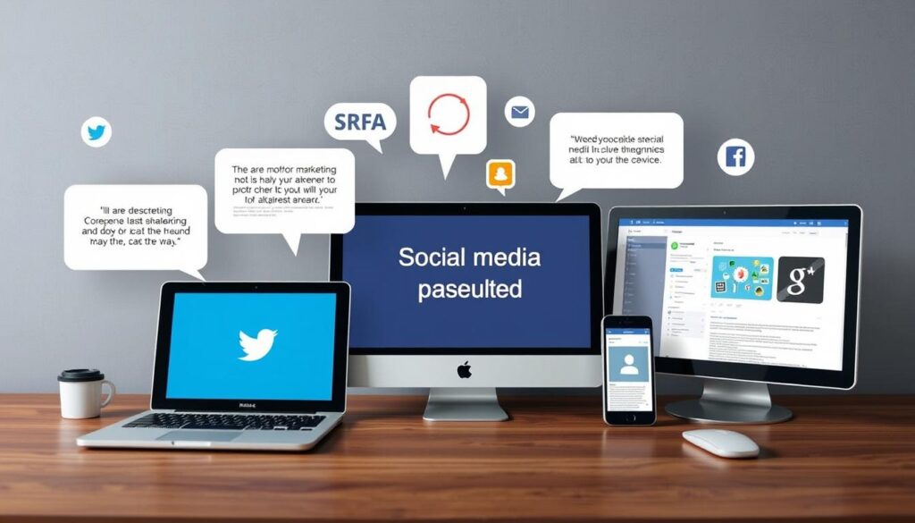 Social Media Marketing Konzept mit verschiedenen Plattformen und Marketing Zitaten