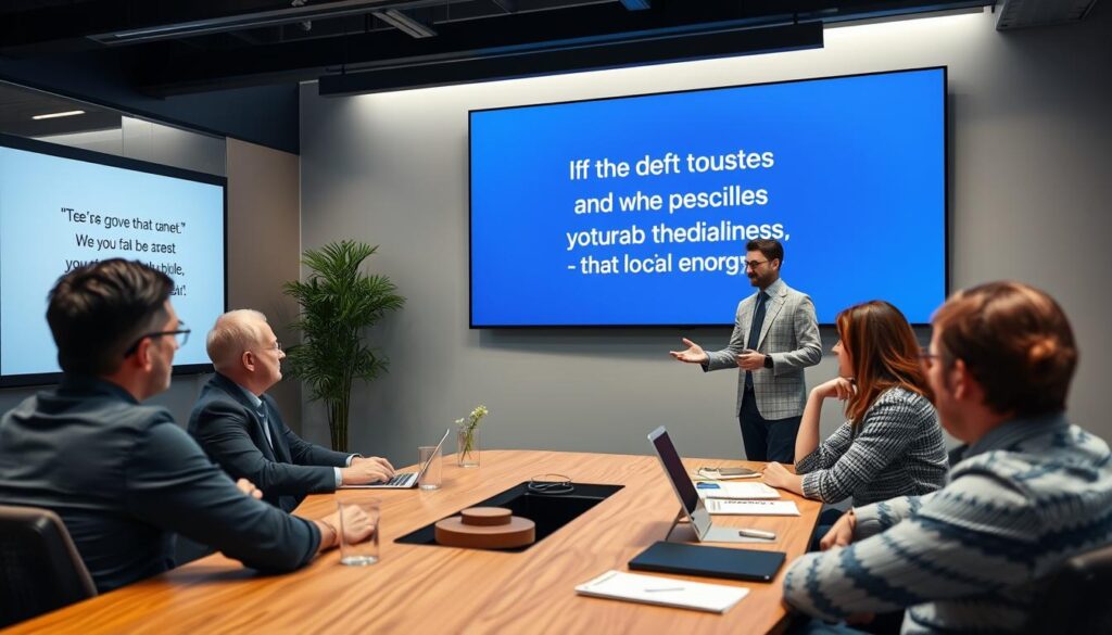 Teamleiter präsentiert Motivationssprüche in einem Meeting