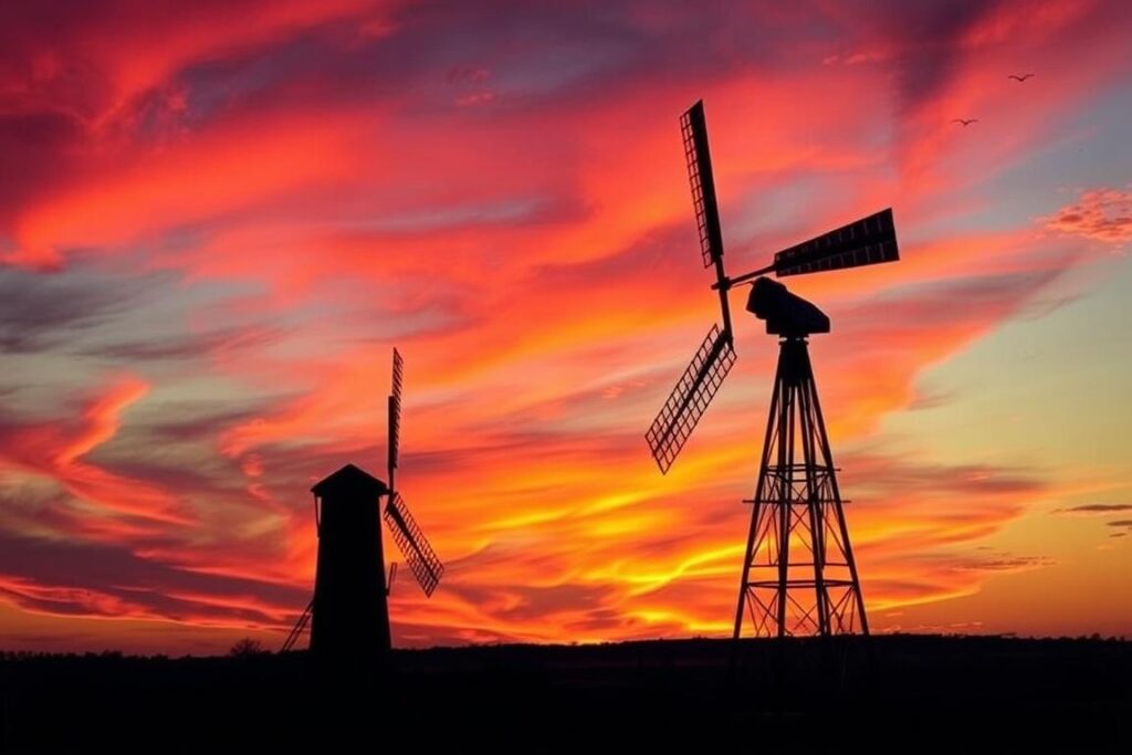 Windmühle bei Sonnenuntergang symbolisiert das Lebensmotto über Veränderung