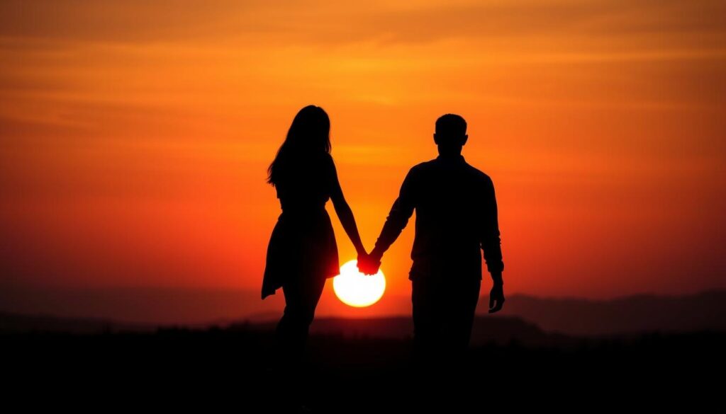 Zwei Personen halten Hände bei Sonnenuntergang, symbolisiert Lebensmotto kurz Sprüche zum Thema Liebe