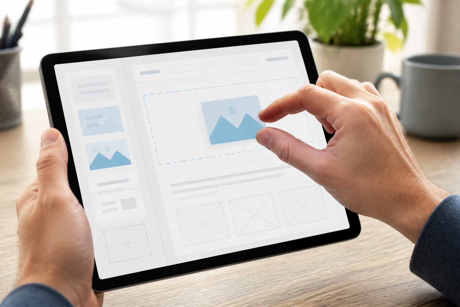 Website-Baukästen 2026: Nahaufnahme einer Hand, die per Drag-and-Drop Elemente in einem Website-Baukasten auf einem Tablet anordnet