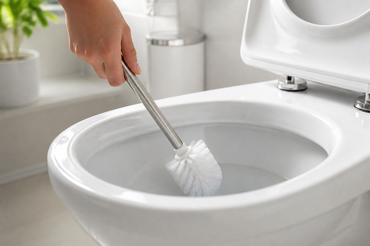 Warum WC-Steine Probleme verursachen: Eine Hand hält eine saubere Toilettenbürste in ein blitzblankes WC-Becken, um die Effektivität manueller Reinigung zu symbolisieren.