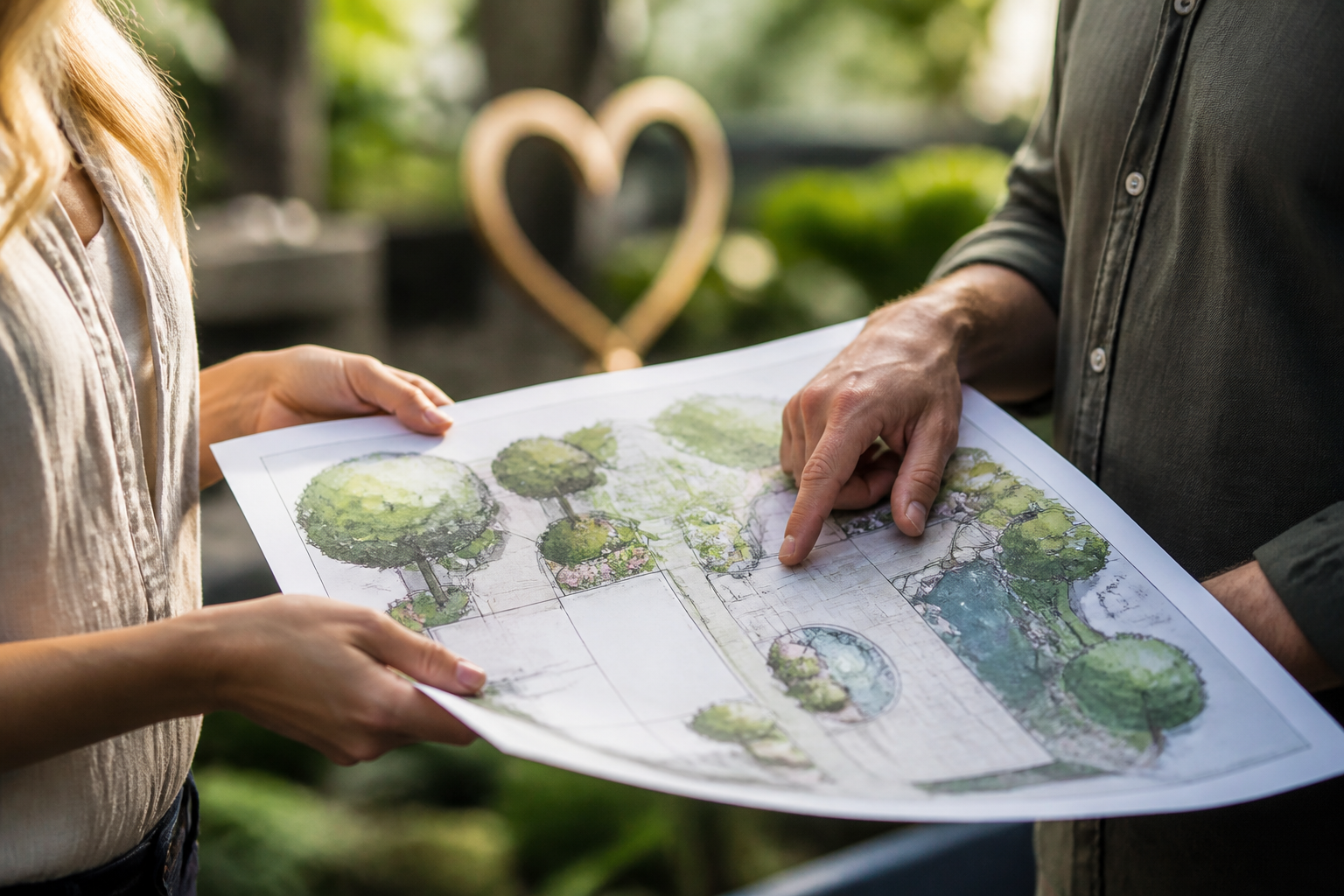 Zwei Hände halten einen Gartenplan, ein Herz symbolisiert berufliche Nähe und private Gerüchte.