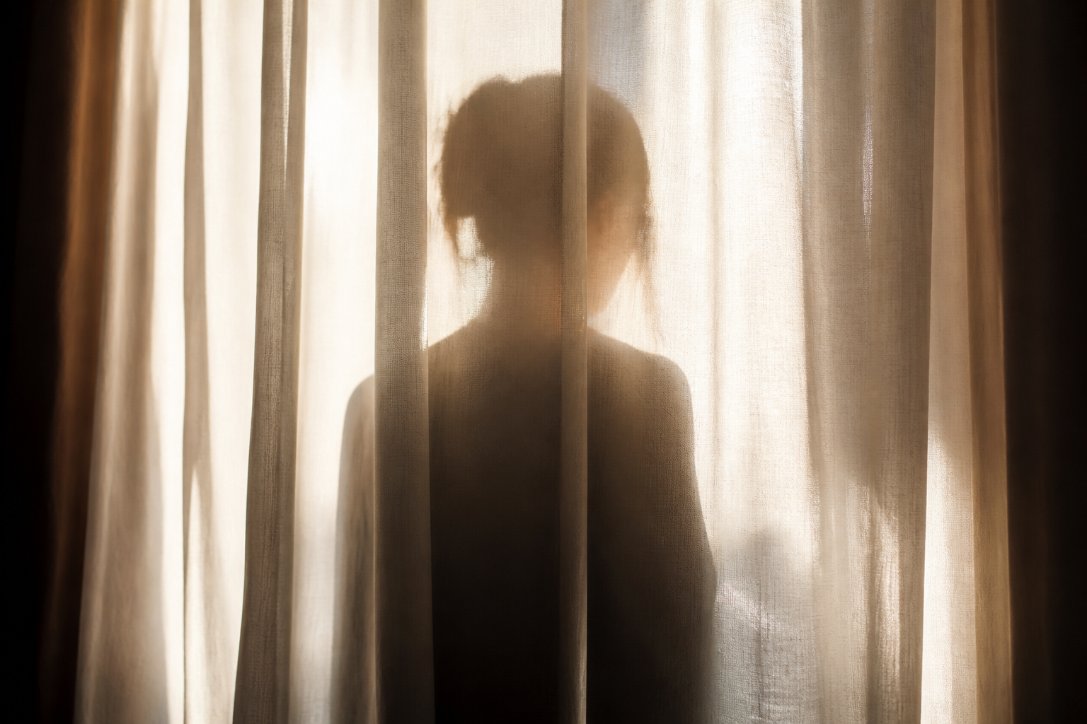 Eine schemenhafte Person hinter einem lichtdurchfluteten Vorhang, die die Grenzen der Transparenz und den Schutz der Privatsphäre darstellt.