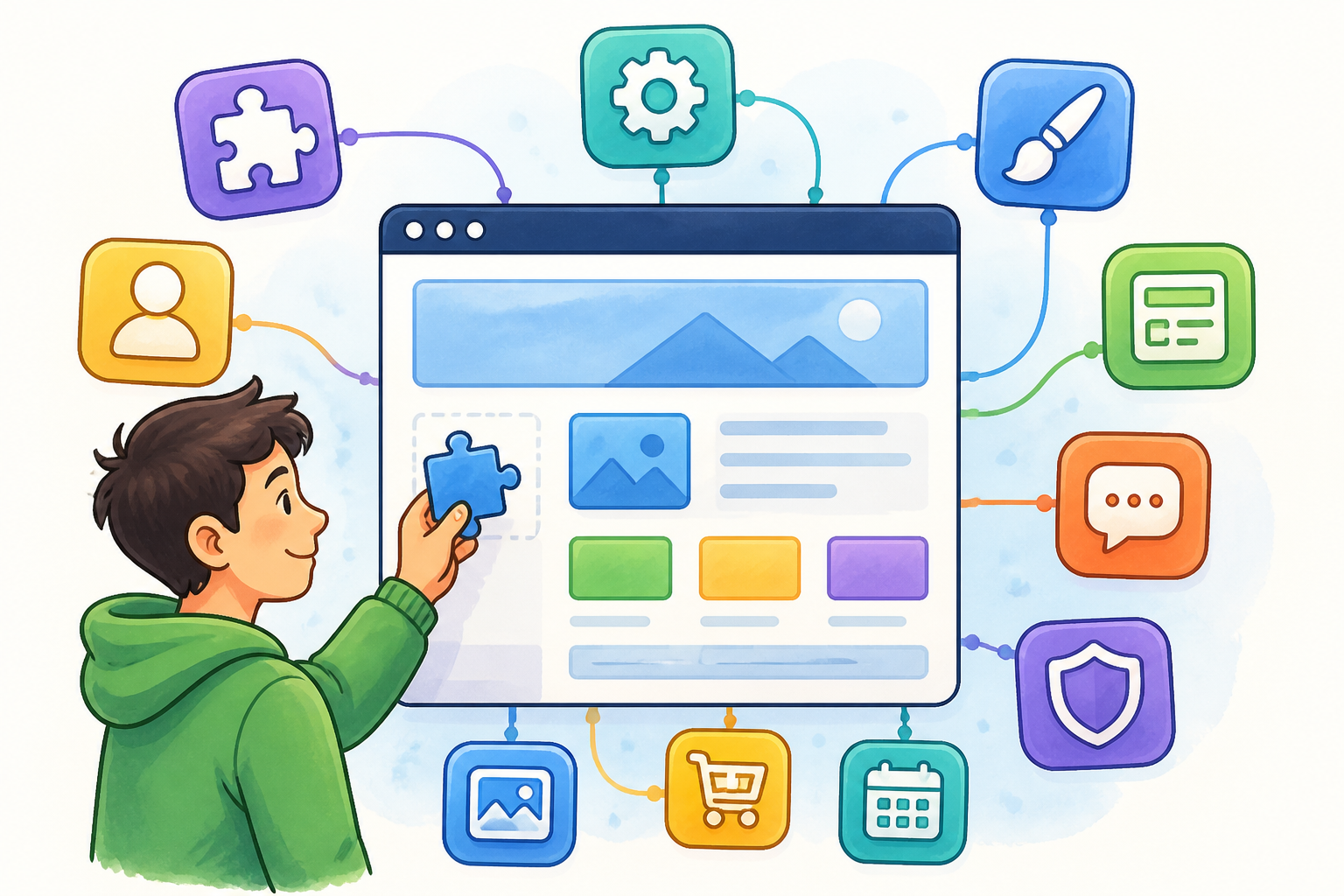 joomla verstehen funktionen pflege: Illustration, die verschiedene Icons für Joomla-Erweiterungen und ein stilisiertes Webseiten-Layout zeigt, symbolisierend Design und Funktionalität.