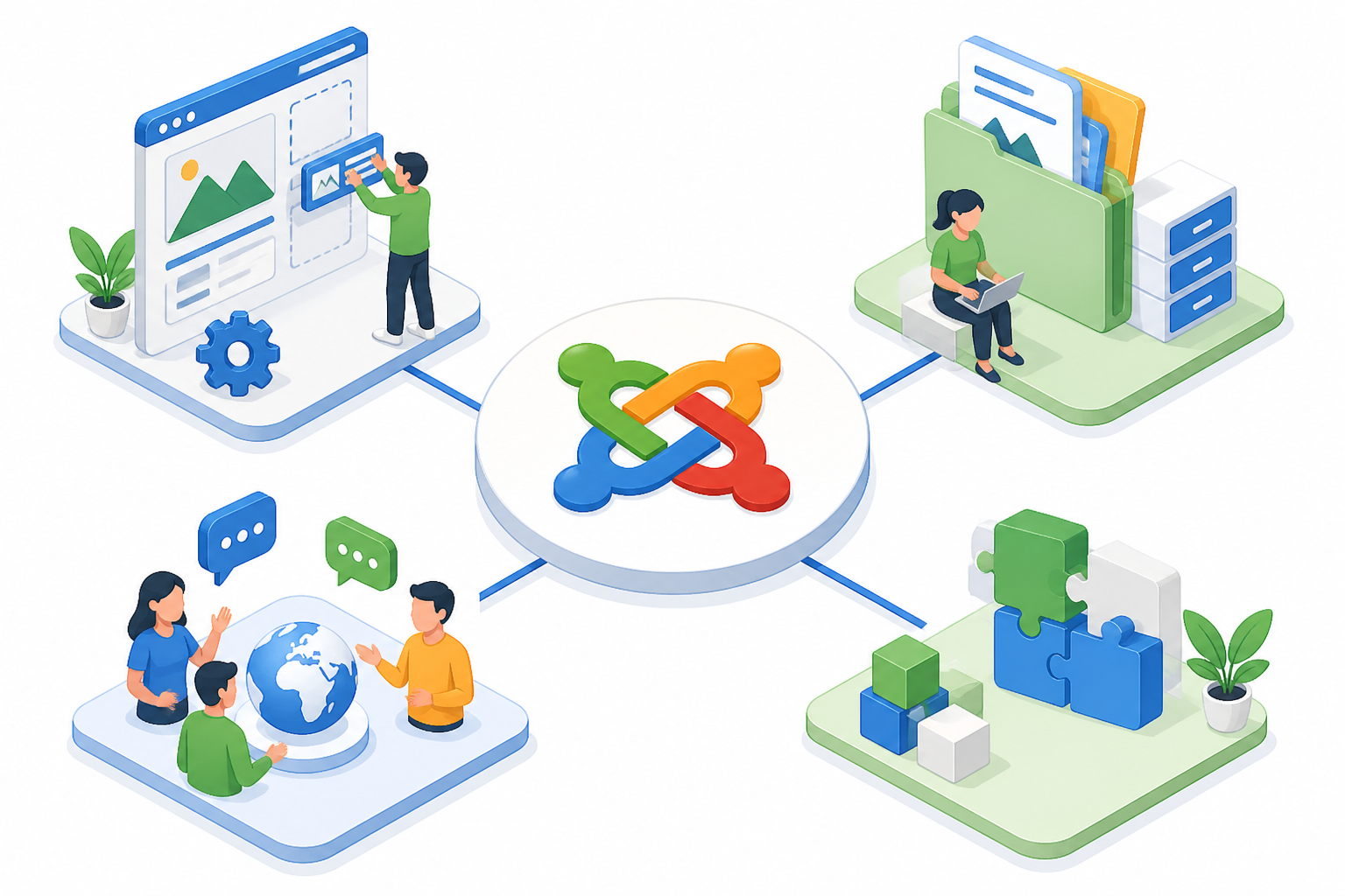 joomla verstehen funktionen pflege: Infografik, die Joomla als zentrales Content-Management-System mit Funktionen wie Website-Erstellung und Inhaltsverwaltung darstellt.