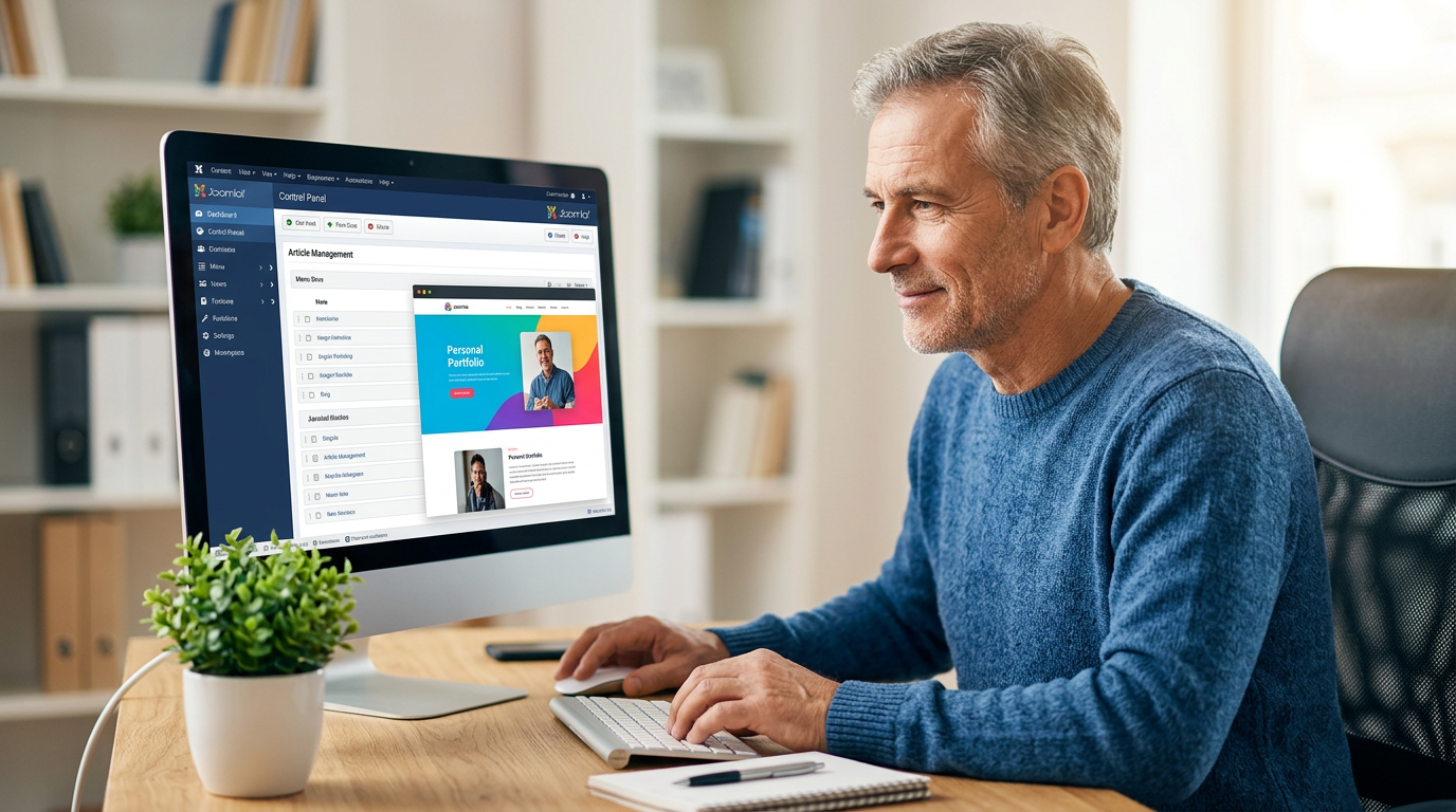 joomla verstehen funktionen pflege: Eine erfahrene Frau betrachtet ihren Laptop, auf dem ein Joomla-Backend und eine Website-Vorschau zu sehen sind, als Symbol für das Verstehen von Joomla-Funktionen und -Pflege.